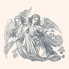 Two angels are sitting on a white background