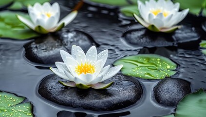 Delicate white water lilies resting on smooth dark stones in tranquil water
