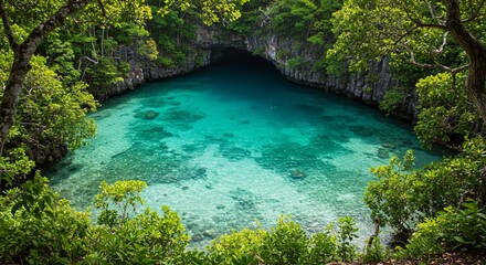 Hidden lagoon with crystal clear turquoise water surrounded by lush jungle vegetation