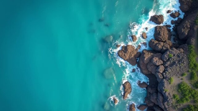 Aerial view from above on calm azure sea and volcanic rocky shores. Small waves on water surface in motion blur. Nature summer ocean sea beach background. Nobody. Holiday, vacation and travel concept
