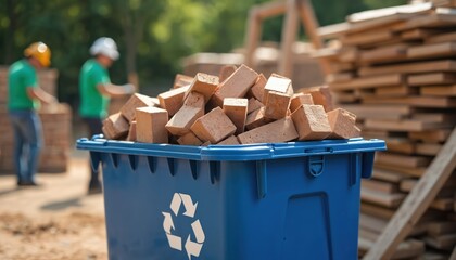Blue recycling bin overflows with bricks at construction site. Workers organize wooden planks, promoting environment, waste management. Building material, masonry, bricks for reuse renovation.