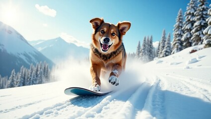Fototapeta premium Dog on Snowboard: A cheerful dog rides down the snow-covered slopes of a majestic mountain landscape, embodying joy and the thrill of winter adventure.