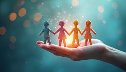 Human resources concept representing diversity in workplace. Hand holding diverse ragdoll figures inclusion, teamwork, collaboration. Inclusive hiring practices create better work culture, team