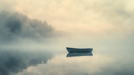 Fototapeta na wymiar Solitary boat adrift on a misty lake reflecting serene waterscape