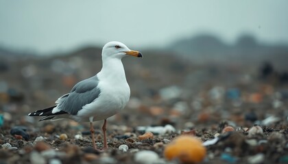 Seagull on a landfill site. White bird scavenger in urban area. Bird searches food on garbage heap. Waste management problem with environmental implications.