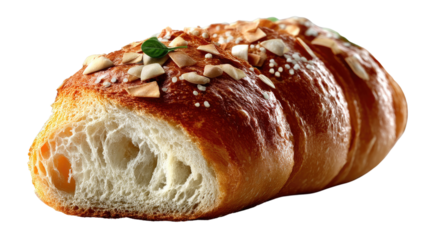 Almond Croissant with Sliced Almond: A freshly baked almond croissant with sliced almond and white sugar sprinkles. The golden brown crust and the flaky layers are invitingly displayed.  