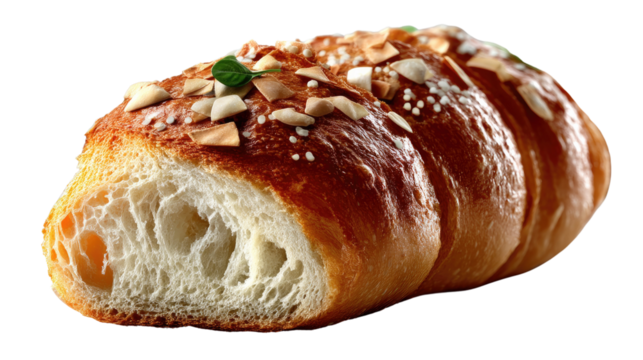 Almond Croissant with Sliced Almond: A freshly baked almond croissant with sliced almond and white sugar sprinkles. The golden brown crust and the flaky layers are invitingly displayed.  