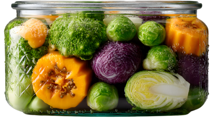 Jar of assorted fresh vegetables preserved in water healthy food vibrant colors cooking ing