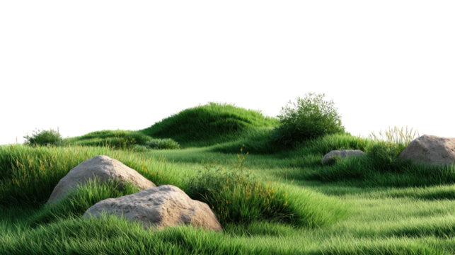 Green Grass and Boulders Landscape: A serene landscape featuring a lush green grassy knoll with smooth boulders nestled amongst tall blades of grass.