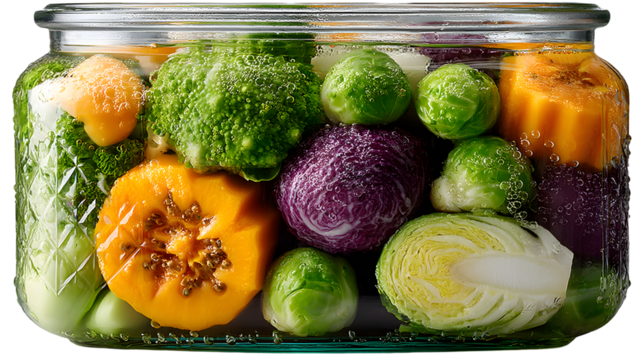 Jar of assorted fresh vegetables preserved in water healthy food vibrant colors cooking ing