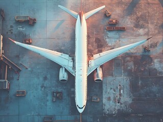 Airplane on airport tarmac seen from above at sunrise

