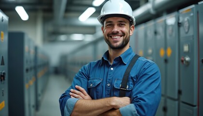 Smiling man engineer technician in control room. Electrician in electrical substation. Industrial mechanic wear hardhat. Work in electric power station smiling. Pro occupation, positive emotions.
