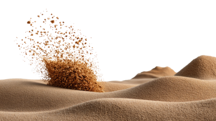 Sand Burst: A visual feast where a swirling cloud of sand erupts from the textured terrain, creating a dynamic display of earth's raw power and the transient nature of the desert landscape.