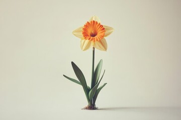 A daffodil, a type of flower, is seen on a white background without any other objects surrounding it. The daffodil stands alone, separated from its surroundings