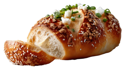 Artisan Bread Delight: Savor the visual feast of a freshly baked, artisan bread, a delightful culinary creation, adorned with enticing toppings, exuding warmth and inviting indulgence.