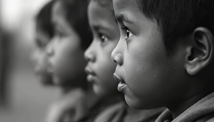 Black-and-white photo of indigenous children, challenges of cultural assimilation. Portraits of faces in profile represent heritage, identity. Images evokes emotions, history, culture, childhood.