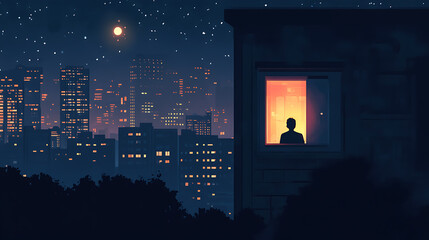 Obraz premium Silhouette in window overlooking cityscape under starry night sky with moon shining brightly above buildings