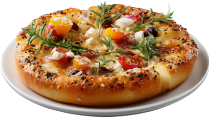 Delectable Mediterranean Pizza: A close-up shot of a beautifully crafted mediterranean pizza on a white plate. the delicious combination of fresh ingredients tantalizes the eye and the appetite.
