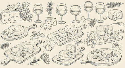 Quirky doodle collection of wine and cheese pairings. Loose sketches of grapes, cheese boards, wine glasses and herbs in an elegant yet carefree line art style