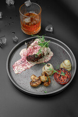 Modern Steak Presentation with Roasted Mushrooms