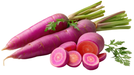 Purple Carrots: A close-up image showcasing a vibrant purple carrot with green leaves, sliced and arranged beautifully against a backdrop, emphasizing its rich purple color and unique orange interior.