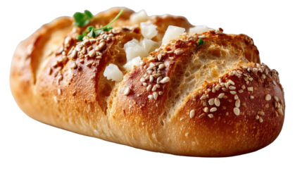 Artisan Bread Delight: A close-up shot of a freshly baked artisan bread, adorned with sesame seeds, onions, and a sprig of herbs, invites you to savor the taste of culinary excellence.
