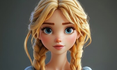 braided blonde hair young beautiful generic girl character portrait, digital painting in 3D cartoon movies style