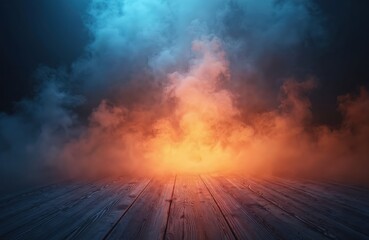 Naklejka premium Illustration features dramatic blue, orange smoke background. Wooden floor adds depth. Atmospheric scene conveys intensity, mystery, fiery energy. Dark, moody, vibrant fantasy illustration with