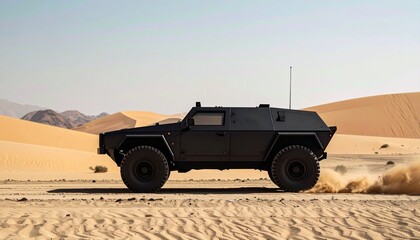 Fototapeta premium Matte Black Armored Vehicle in Desert (Side View)