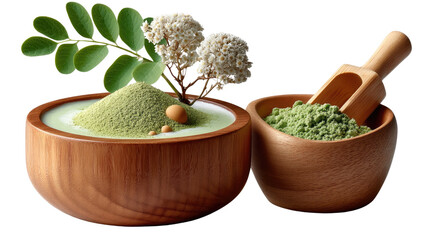 Zen of the Earth's Bounty: Capturing a sense of purity, this scene showcases a wooden bowl filled with a verdant green substance beside a smaller bowl and scoop, evoking nature's gifts. 