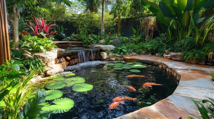Serene koi pond nestled in lush tropical garden with waterfall