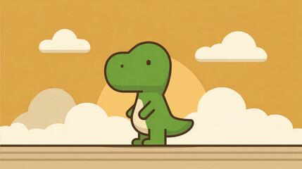 Obraz premium Cute Dinosaur Cartoon Character Adventure Green Forest Whimsical Clouds Sunset Background Animation Fun Prehistoric Creature Safari Exploration Kids Playful Family Friendship Nature Travel Art