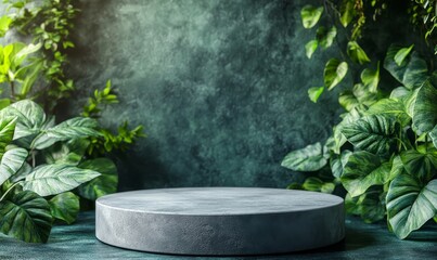 Natural stone and concrete podium in Natural green background for Empty show for packaging product presentation. Background for cosmetic products, the