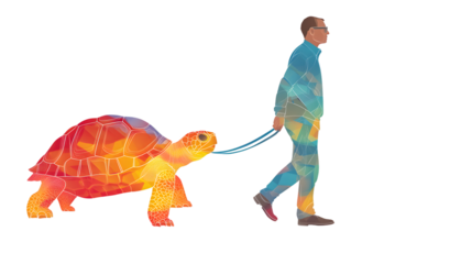 A man walking a colorful turtle on a leash vibrant geometric patterns surreal art illustratio