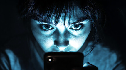 A woman illuminated by a phone screen in the dark with intense eyes and dark hair in the foreground