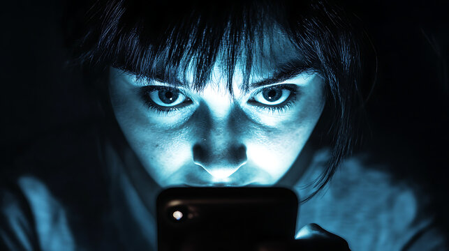 A woman illuminated by a phone screen in the dark with intense eyes and dark hair in the foreground