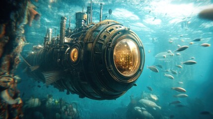 Steampunk submarine amidst vibrant underwater scene