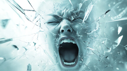 A woman screaming with eyes closed and broken glass effect around her face in a blue toned image