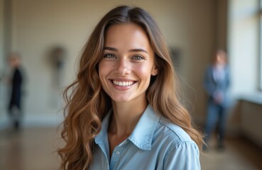 Portrait of smiling female curator. Beautiful young woman with long hair, light eyes in museum. Joyful expression. Kind, friendly face. Pro business lady. Modern, contemporary art gallery.