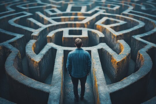 Man in surreal maze, facing labyrinth challenge, complex problem decision, strategy for success, concept of life obstacles and solutions