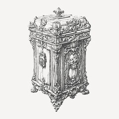 Ornate Treasure Chest: A beautifully rendered sketch of an antique treasure chest, showcasing intricate carvings and opulent design details that speak of history and luxury.