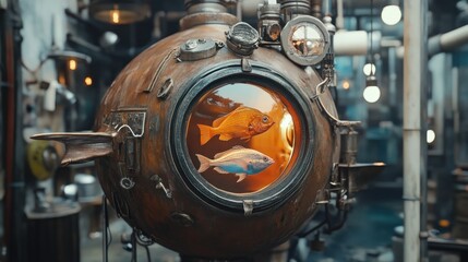 Fototapeta premium Steampunk fishbowl; two fish inside a rusty, spherical, mechanized enclosure
