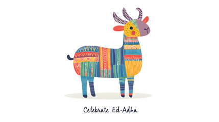 Colorful EidAlAdha Goat Illustration with Festive Patterns and Celebratory Text
