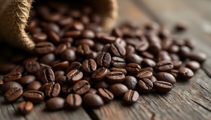 Fototapeta premium Freshly roasted coffee beans spilling from a burlap sack onto a wooden surface