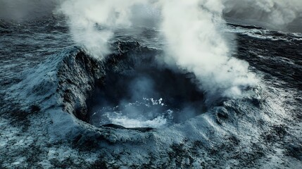 Aerial view of volcano crater with steam rising natural disaster landscape shot