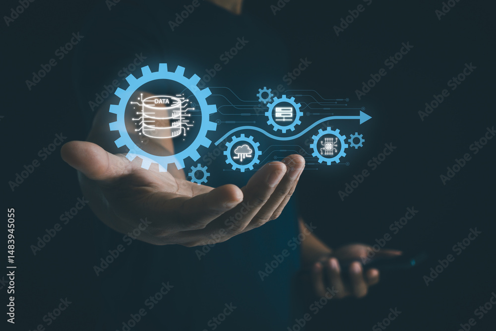 Poster businessman holding a digital gear icon symbolizing the etl process in cloud data management, surrou