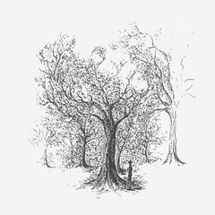 Obraz premium Mystical Woodland Reverie: A captivating illustration of a solitary figure, enveloped by an ethereal forest of trees, branches, and leaves, invites contemplation, imagination and peace.