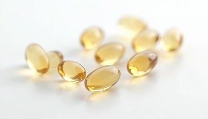 Group fish oil capsules omega-3 EPA DHA. Supplements against white background. Healthy diet, heart health, brain function. Wellness, nutritional medicine.