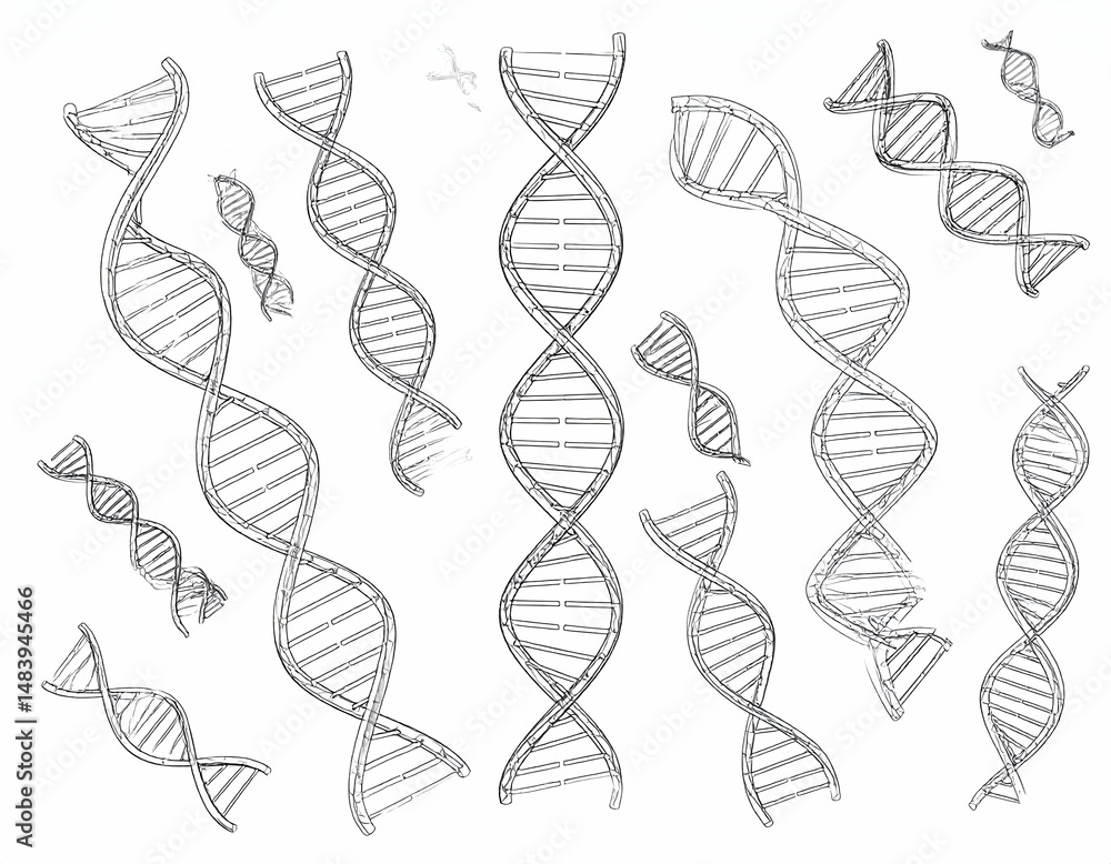Poster diverse dna double helix structures, varying in size and orientation, sketched in grayscale