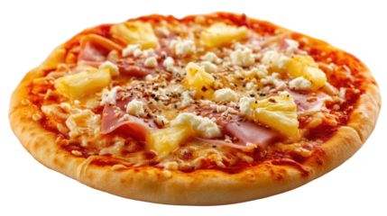 Appetizing Hawaiian Pizza: Capturing a vibrant overhead shot, this delicious pizza boasts a symphony of flavors and textures, with a golden crust, juicy pineapple chunks, savory ham slices.
